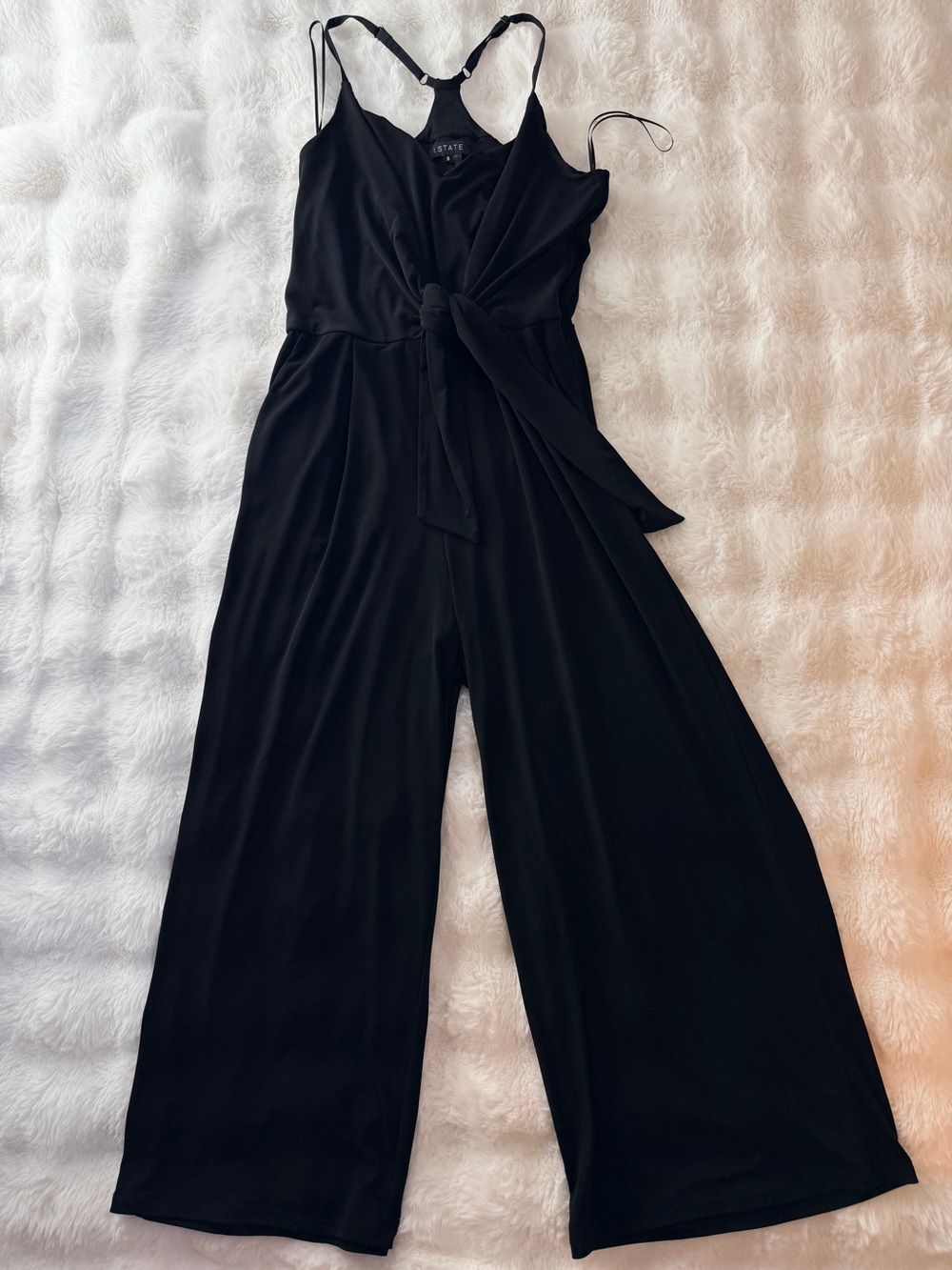 1. State Black Sleeveless Tie-Waist Wide-Leg Jumpsuit adjustable straps